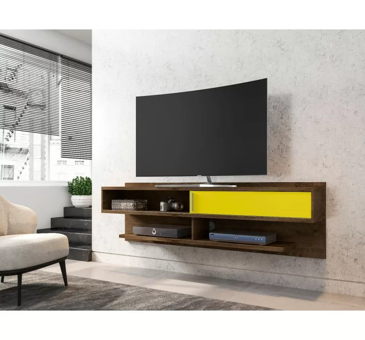 Manhattan Comfort Astor 70.86 Modern Floating Entertainment Center 1.0 with Media Shelves in Rustic Brown and Yellow