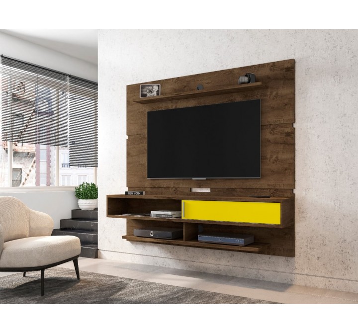 Manhattan Comfort Astor 70.86 Modern Floating Entertainment Center 2.0 with Media and Décor Shelves in Rustic Brown and Yellow