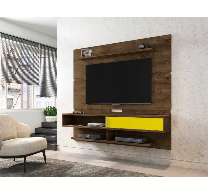 Manhattan Comfort Astor 70.86 Modern Floating Entertainment Center 2.0 with Media and Décor Shelves in Rustic Brown and Yellow