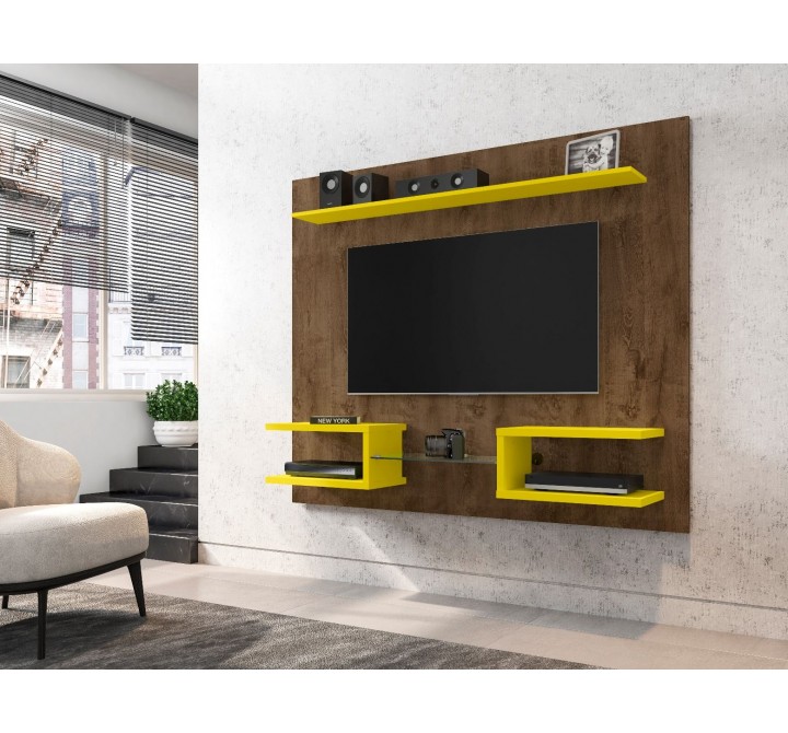 Manhattan Comfort Plaza 64.25 Modern Floating Wall Entertainment Center with Display Shelves in Rustic Brown and Yellow 