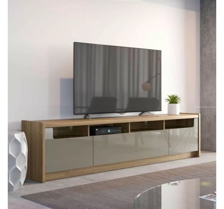 Manhattan Comfort Munoz 87.12" TV Stand with 3 Compartments and Media Shelves in Grey Gloss