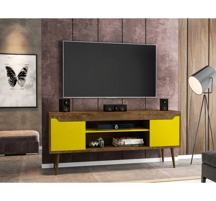 Manhattan Comfort Bradley 62.99 TV Stand Rustic Brown and Yellow with 2 Media Shelves and 2 Storage Shelves in Rustic Brown and Yellow with Solid Wood Legs Front