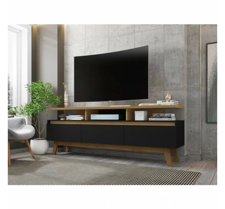 Manhattan Comfort Yonkers 70.86 TV Stand with Solid Wood Legs and 6 Media and Storage Compartments in Black and Cinnamon