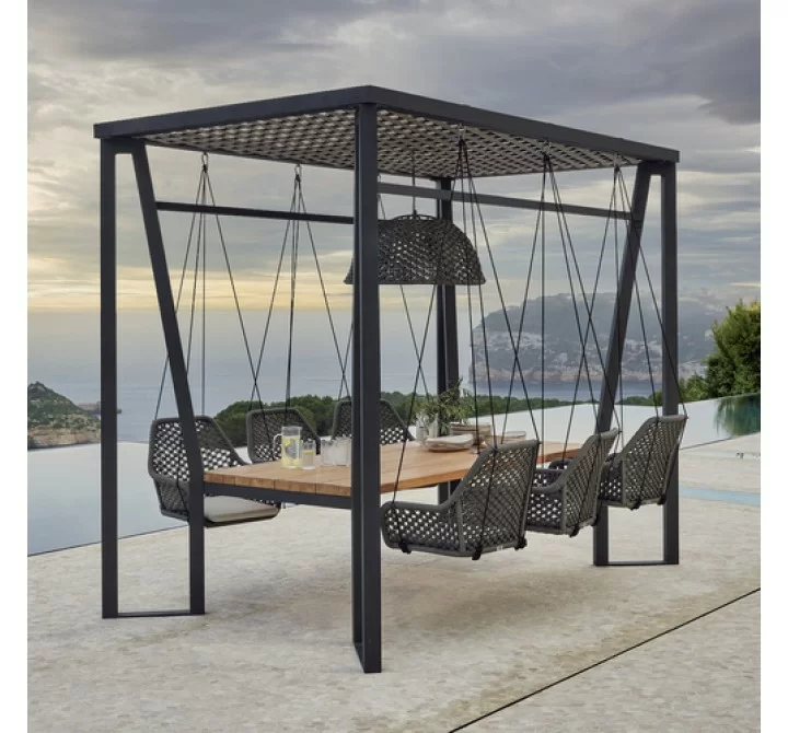 Skyline Design Horizon Pergola with Lamp, Hanging Chairs & Teak Table