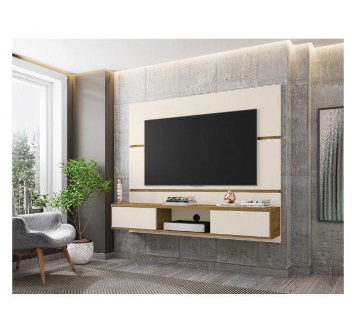 Manhattan Comfort Vernon 62.99 Floating Wall Entertainment Center in Off White and Cinnamon