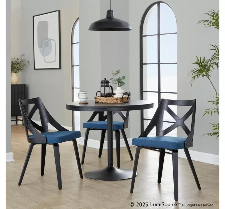 Charlotte Farmhouse Chair in Black Wood and Blue Fabric by LumiSource - Set of 2
