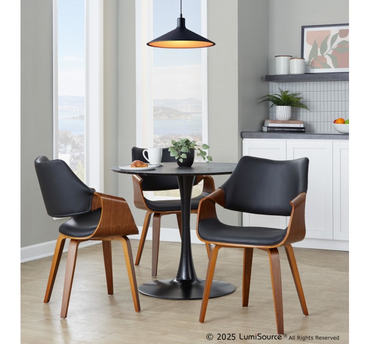 Curvo Highback Contemporary Chair in Black Wood, Walnut Wood, and Black Faux Leather by LumiSource - Set of 2