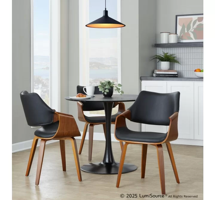 Curvo Highback Contemporary Chair in Black Wood, Walnut Wood, and Black Faux Leather by LumiSource - Set of 2
