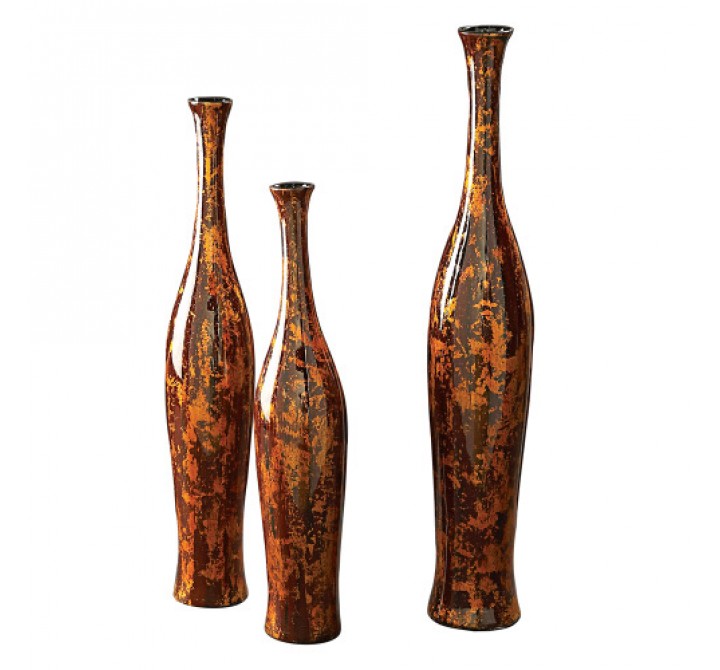 Howard Elliott Mottled Red & Gold Ceramic Vase Set
