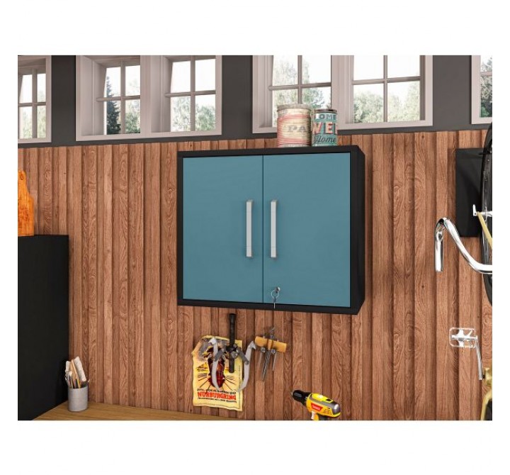 Manhattan Comfort Eiffel Floating Garage Storage Cabinet with Lock and Key in Blue Gloss