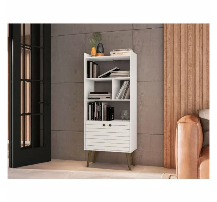 Manhattan Comfort Bogart 62.6" Mid-Century Modern Bookcase in White and Nature