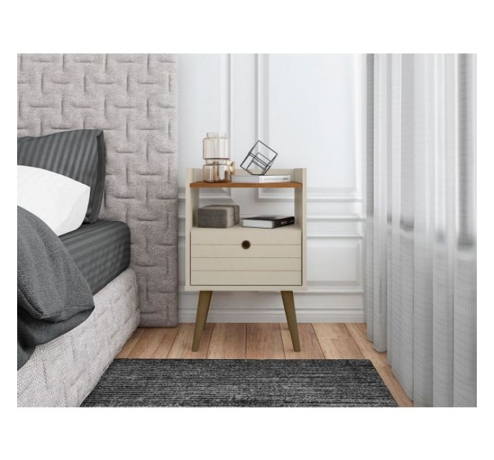 Manhattan Comfort Bogart Mid-Century Modern Nightstand in Off-White and Nature