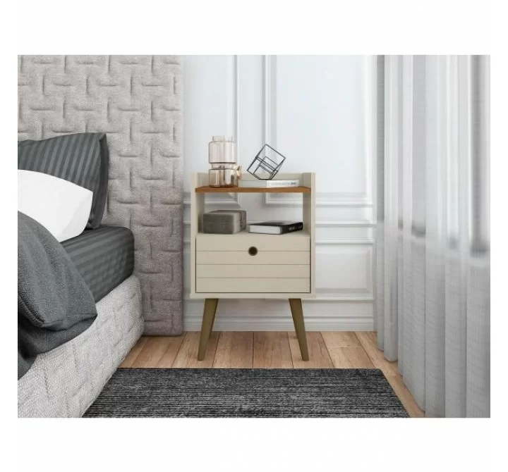 Manhattan Comfort Bogart Mid-Century Modern Nightstand in Off-White and Nature