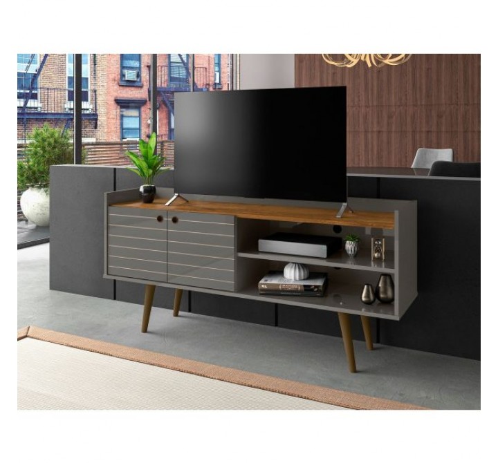 Manhattan Comfort Bogart 53.54" Mid-Century Modern TV Stand in Grey and Nature