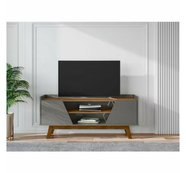 Manhattan Comfort Mid-Century Modern Marcus 53.14 TV Stand with Solid Wood Legs Grey and Nature