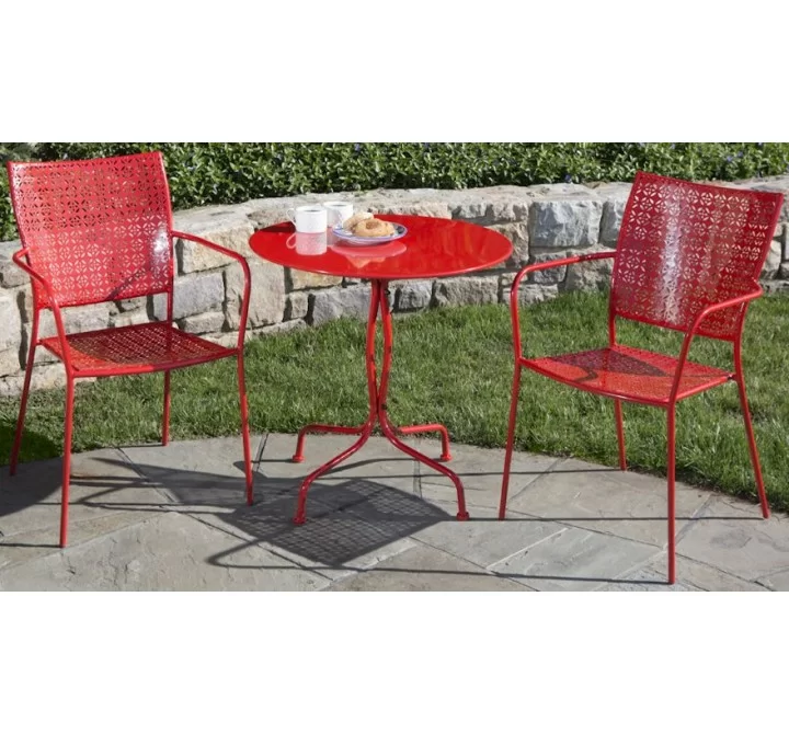 Alfresco Home Martini 3 Piece Bistro Set in Cherry Pie Finish with 27.5" Round Bistro Table and 2 Stackable Bistro Chair - Lifestyle