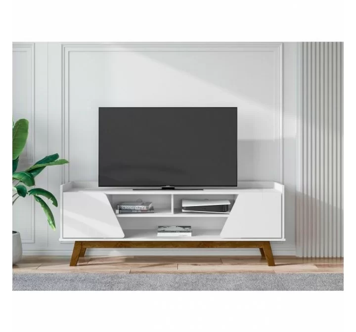 Manhattan Comfort Mid-Century Modern Marcus 62.99 TV Stand with Solid Wood Legs in White