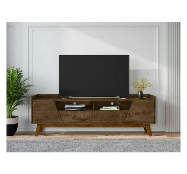 Manhattan Comfort Mid-Century Modern Marcus 70.86 TV Stand with Solid Wood Legs in  Rustic Brown 