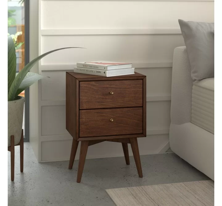 Alpine Furniture Flynn Mid Century Modern 2 Drawer Nightstand, Walnut - Lifestyle