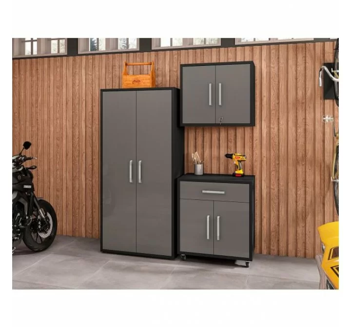 Manhattan Comfort Eiffel 3-Piece Storage Garage Set in Matte Black and Grey