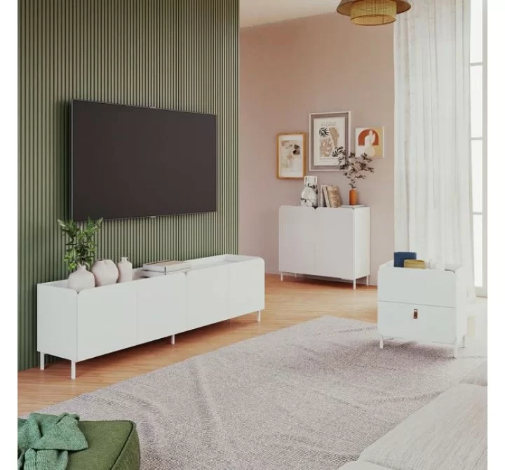 Manhattan Comfort Mid-Century Modern Bogardus 3-Piece TV Stand Living Room Set with Accent Cabinet and End Table