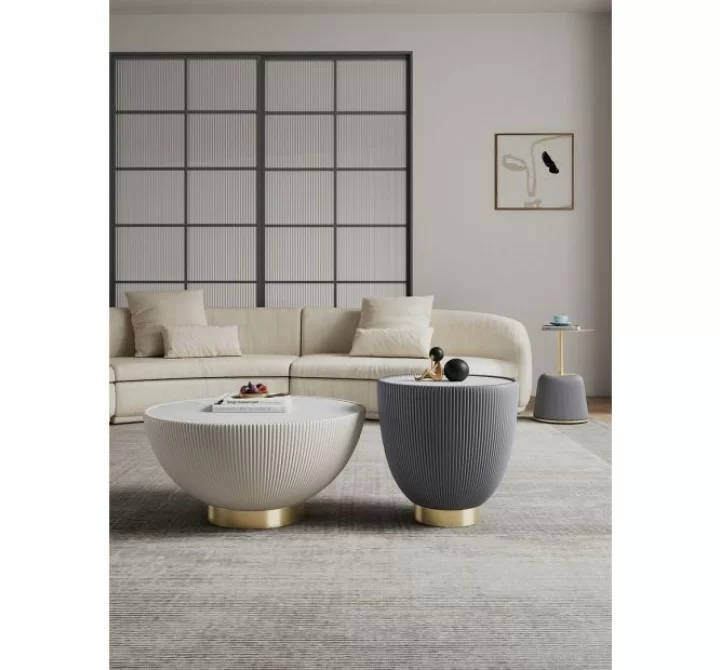 Manhattan Comfort Modern Anderson Coffee Table, End Table 1.0, and End Table 2.0 Upholstered in Cream and Grey Leatherette with Ceramic Faux Tabletop and Gold Metal Tabletop- Set of 3