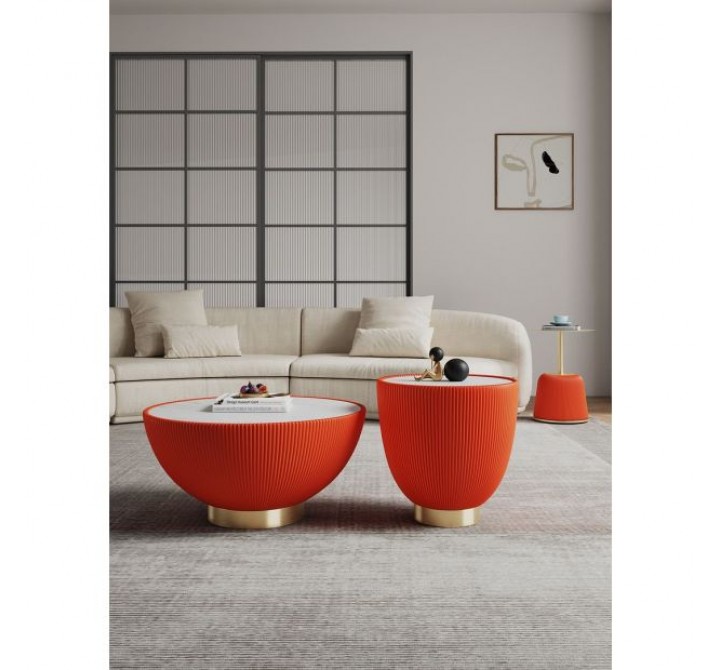 Manhattan Comfort Modern Anderson Coffee Table, End Table 1.0, and End Table 2.0 Upholstered in Orange Leatherette with Ceramic Faux Tabletop and Gold Metal Tabletop- Set of 3