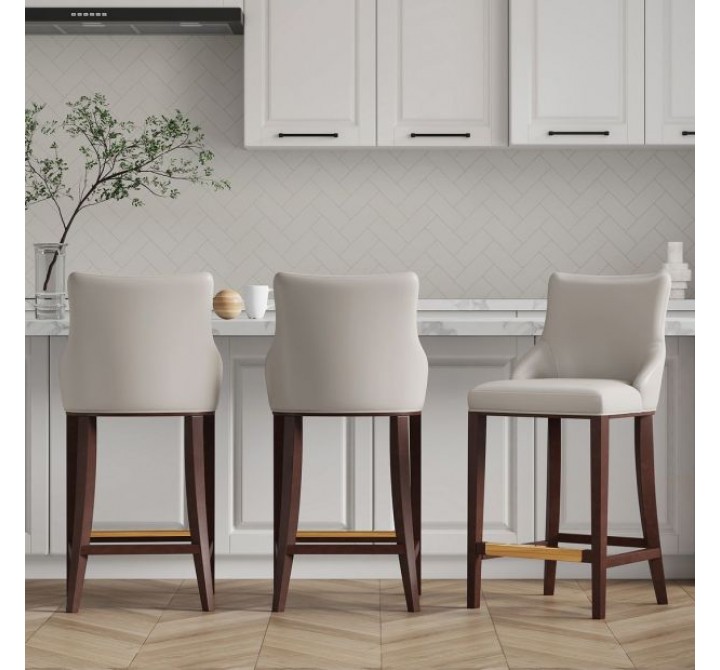 Manhattan Comfort Modern Shubert Barstool Upholstered In Light Grey Leatherette with Beech Wood Legs - Set of 3