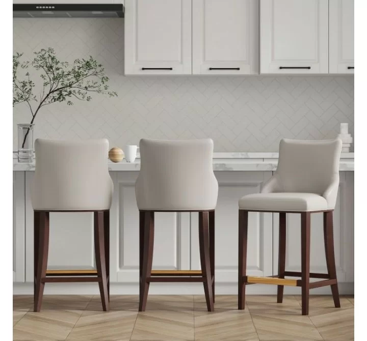 Manhattan Comfort Modern Shubert Barstool Upholstered In Light Grey Leatherette with Beech Wood Legs - Set of 3
