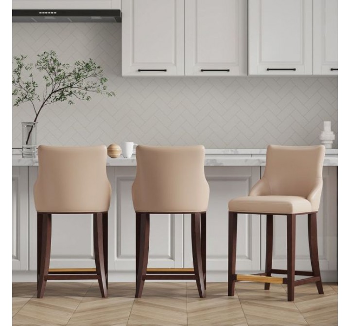 Manhattan Comfort Modern Shubert Counter Stool Upholstered In Tan Leatherette with Beech Wood Legs - Set of 3
