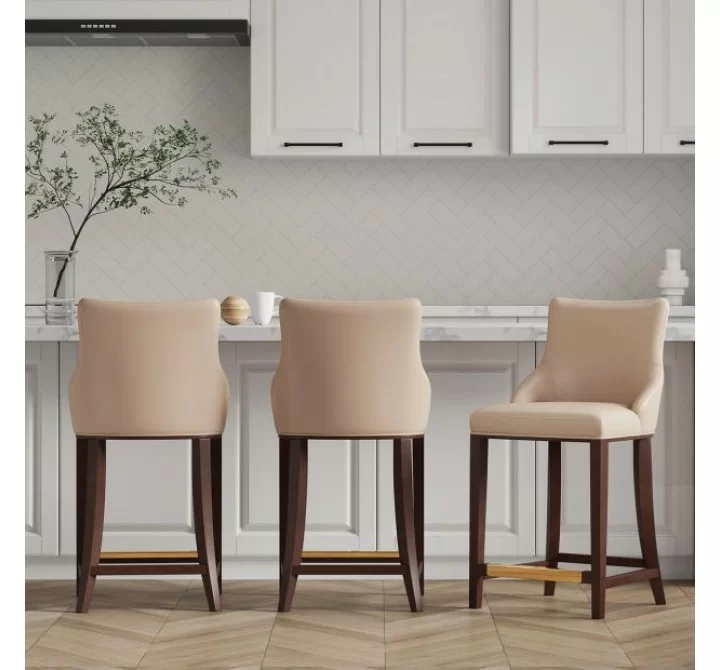 Manhattan Comfort Modern Shubert Counter Stool Upholstered In Tan Leatherette with Beech Wood Legs - Set of 3
