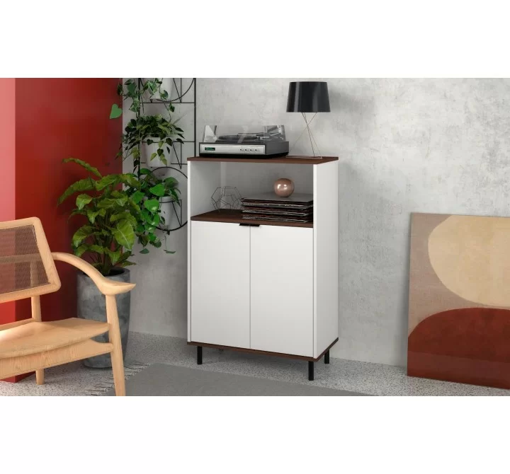 Manhattan Comfort Mosholu Accent Cabinet with 3 Shelves in White and Nut Brown