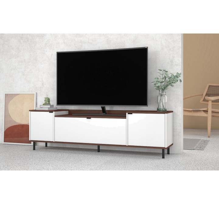 Manhattan Comfort Mosholu 66.93 TV Stand with 3 Shelves in White and Nut Brown