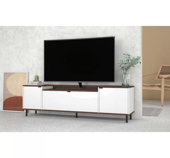 Manhattan Comfort Mosholu 66.93 TV Stand with 3 Shelves in White and Nut Brown