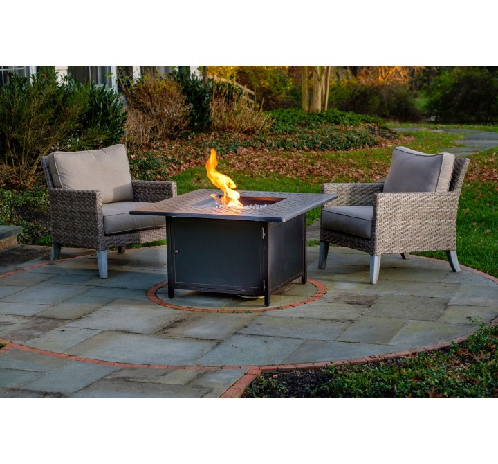 Alfresco Home Heron 42" Square Gas Fire Pit Chat Table with Clear Glass Fire Beads - Lifestyle