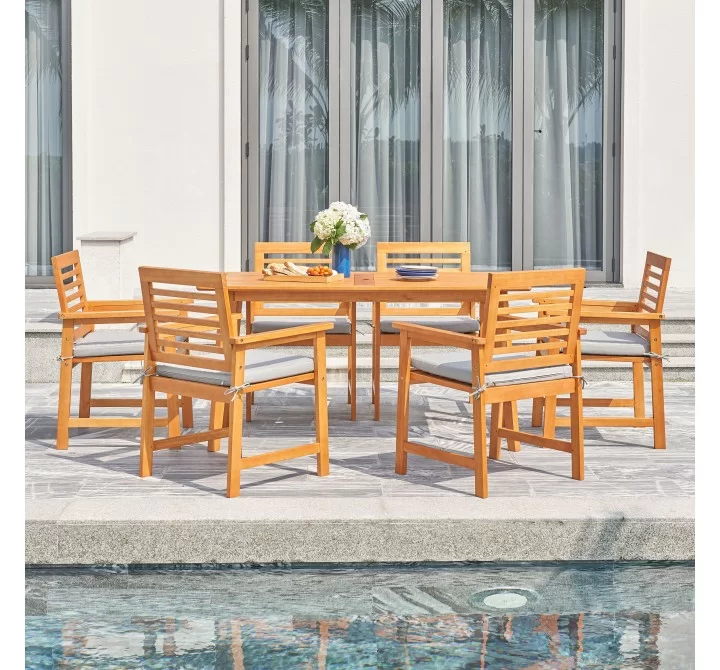 Vifah Waimea Honey 7-Piece Slatted Eucalyptus Wood Patio Dining Set with Cushion, Front Angle