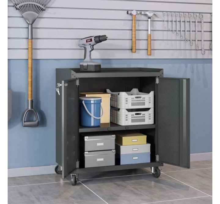 Manhattan Comfort Fortress Textured Metal 31.5" Garage Mobile Cabinet with 2 Adjustable Shelves in Charcoal Grey Open