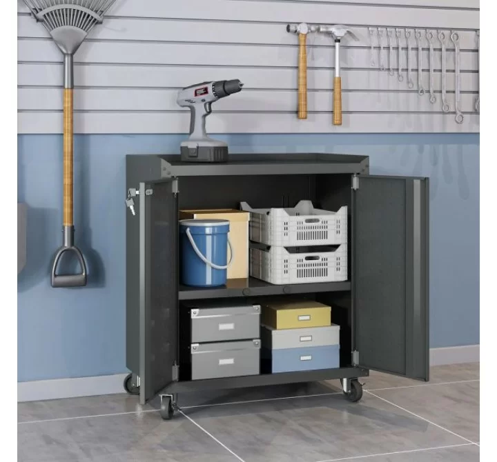 Manhattan Comfort Fortress Textured Metal 31.5" Garage Mobile Cabinet with 2 Adjustable Shelves in Charcoal Grey Open