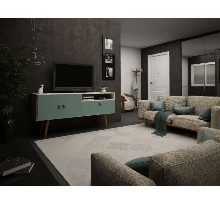 Manhattan Comfort Tribeca 53.94 Mid-Century Modern TV Stand with Solid Wood Legs in Off White and Green Mint