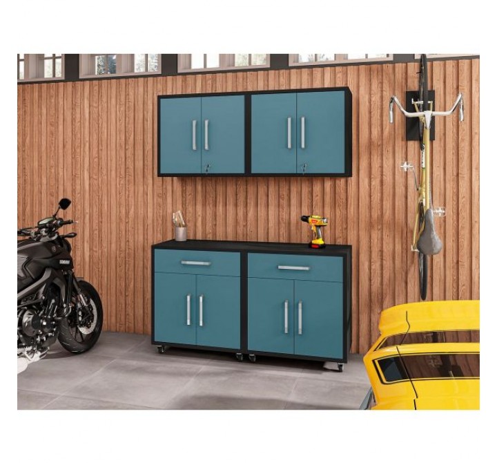 Manhattan Comfort Eiffel 4-Piece Garage Storage Set in Matte Black and Aqua Blue