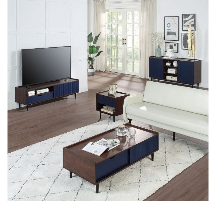 Manhattan Comfort Duane Modern Ribbed 4 Piece Living Room Set: Sideboard, TV Stand, Coffee Table, End Table in Dark Brown And Blue