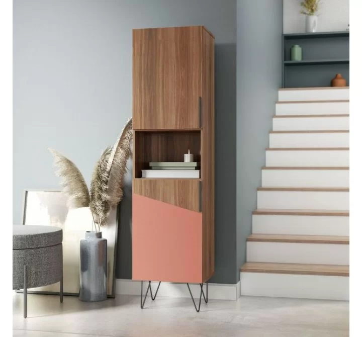 Manhattan Comfort Beekman 17.51 Narrow Bookcase Cabinet with 5 Shelves in Brown and Pink