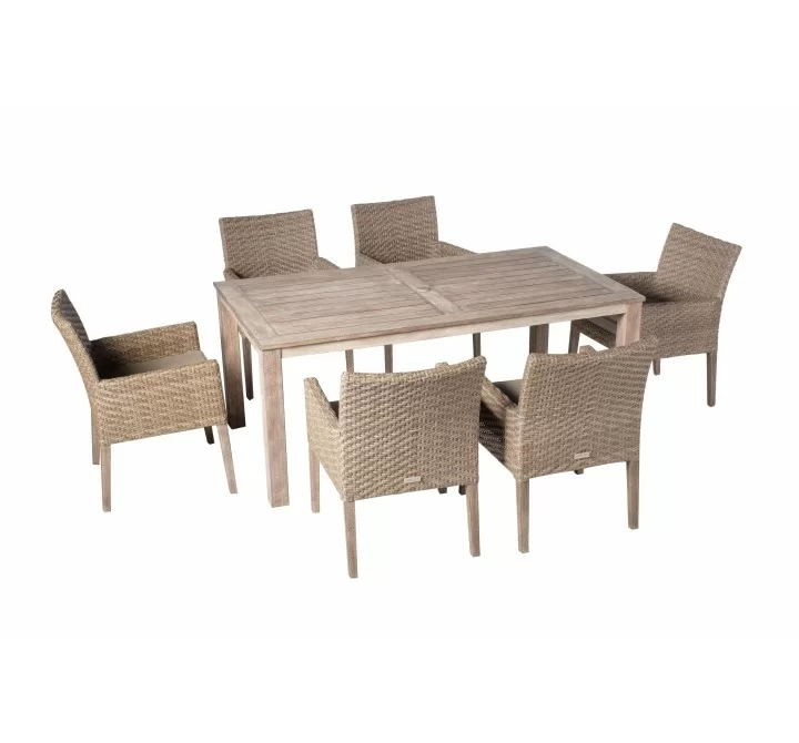 Alfresco Home Cornwall Woven Wood Set With 71" Rectangular Wood Dining Table With Umbrella Hole and 6 Dining Arm Chairs With Sunbrella Cast Shale Cushions - Lifestyle