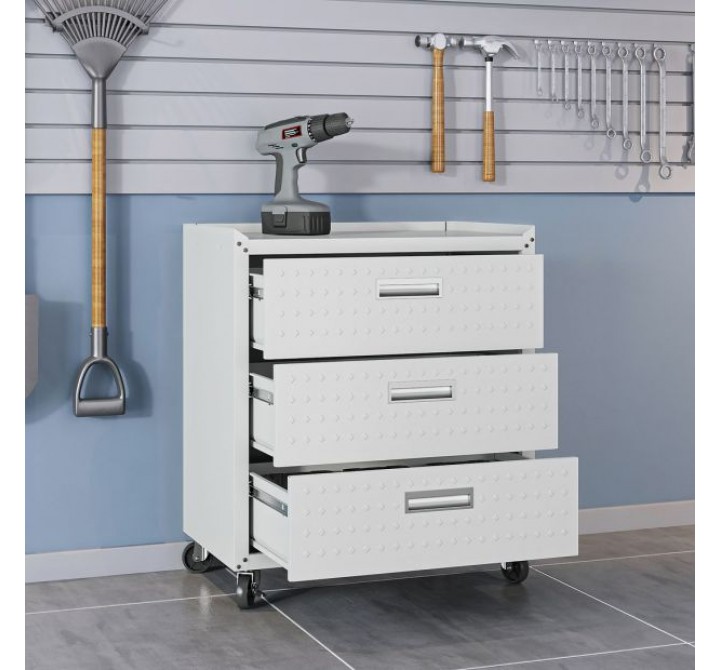 Manhattan Comfort Fortress Textured Metal 31.5" Garage Mobile Chest with 3 Full Extension Drawers in White Open