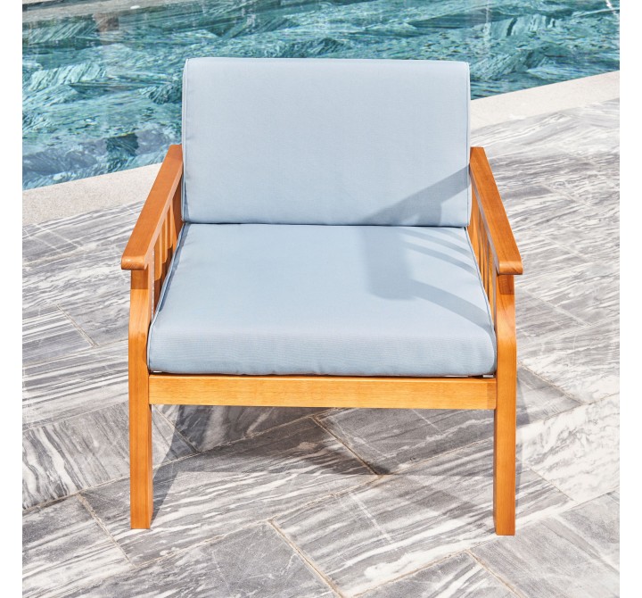 Vifah Kapalua Honey Nautical Curve Eucalyptus Wooden Outdoor Sofa Chair with Cushion, Front Angle