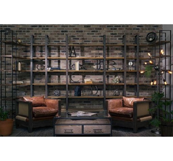Mercana Taunton I 80L x 10.5W x 90H Brown Wood and Black Iron Six Shelving Unit 