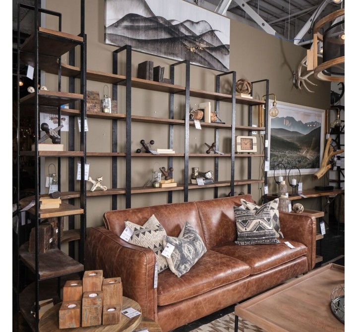 Mercana Taunton II 80L x 10.5W x 90H Dark Brown Wood And Black Iron Six Shelving Unit