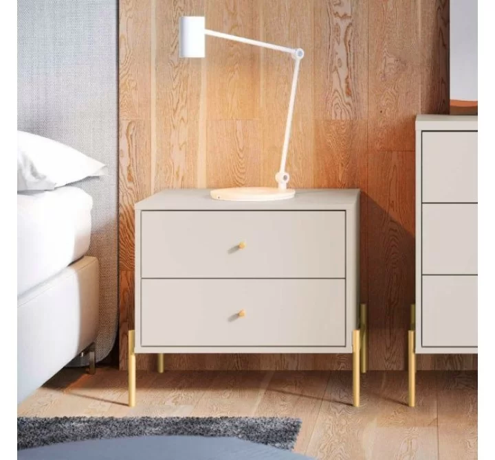 Manhattan Comfort Jasper Nightstand with Steel Gold Legs in Off White Matte