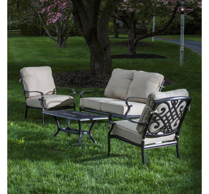 Alfresco Home Newbury Cast Aluminum Deep Seating Set with Coffee Table, Loveseat with Cushions, and 2 Lounge Chairs with Cushions