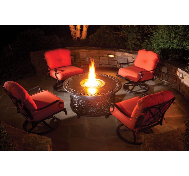  Alfresco Home Bellagio 48" Round Cast Aluminum Gas Fire Pit/Chat Table with Glacier Ice Firebeads - Lifestyle